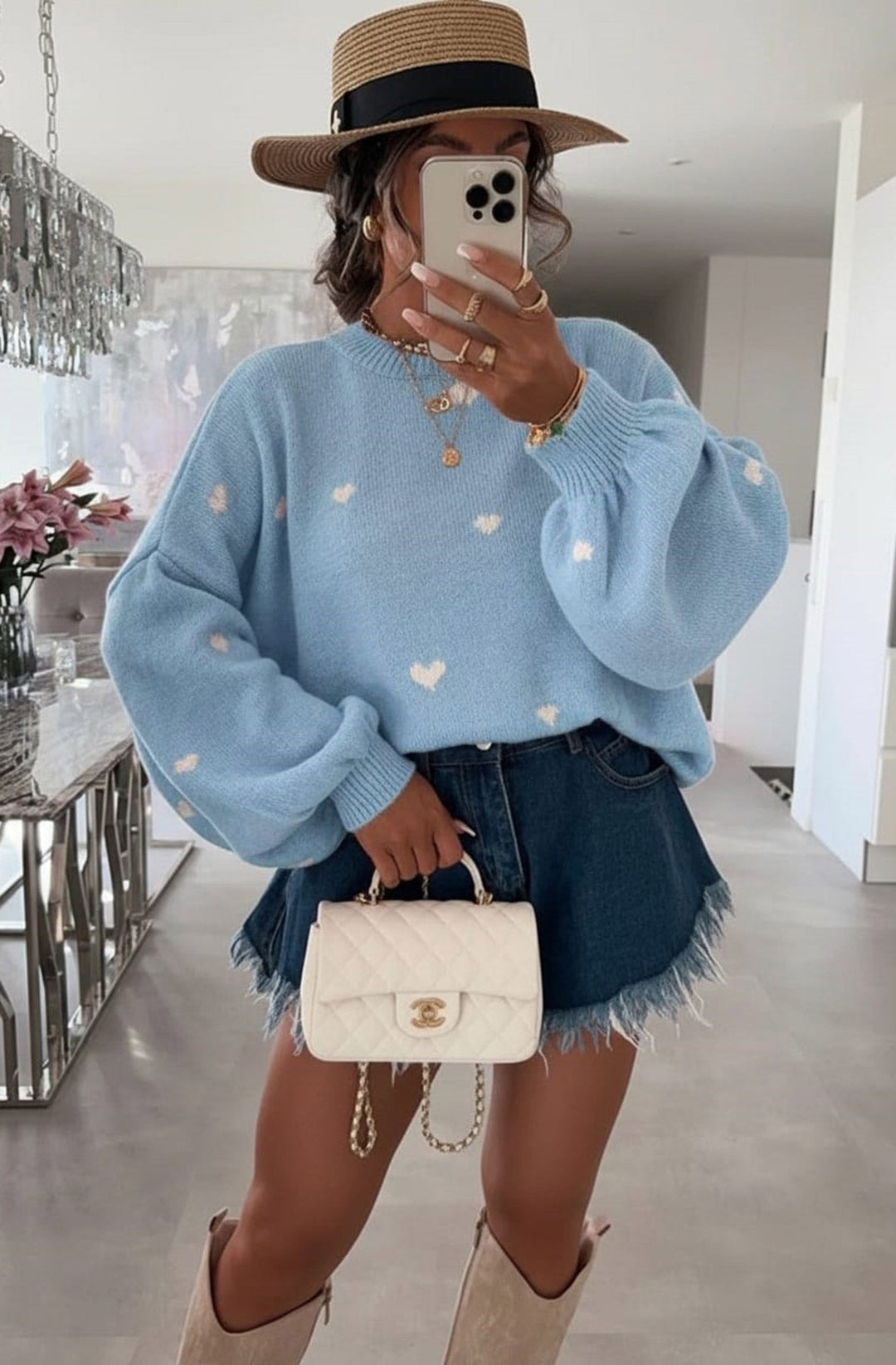 Merika 'Heart' Printed Knitted Jumper Sweater-Blue