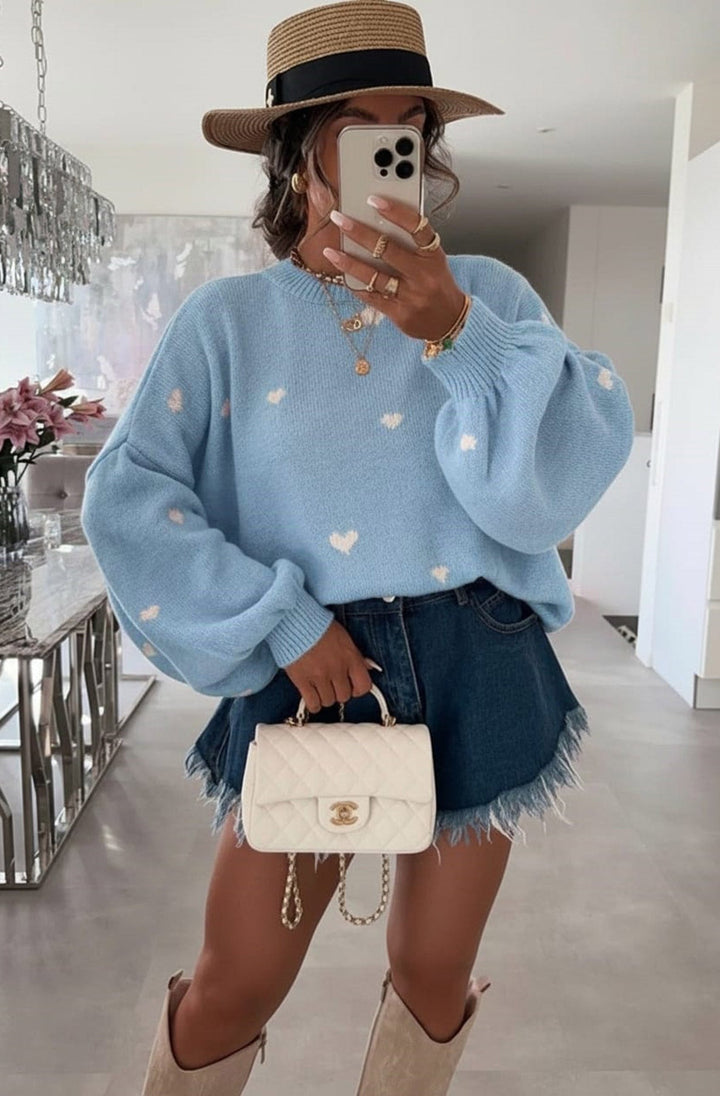 Merika 'Heart' Printed Knitted Jumper Sweater-Blue