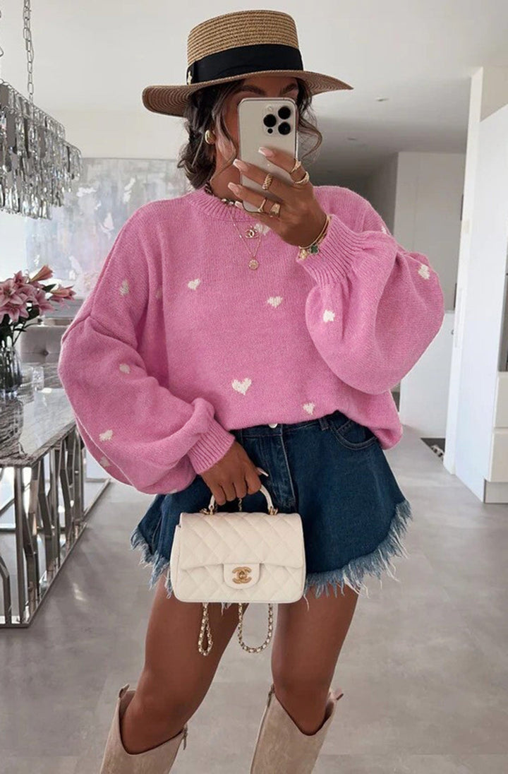 Merika 'Heart' Printed Knitted Jumper Sweater-Pink