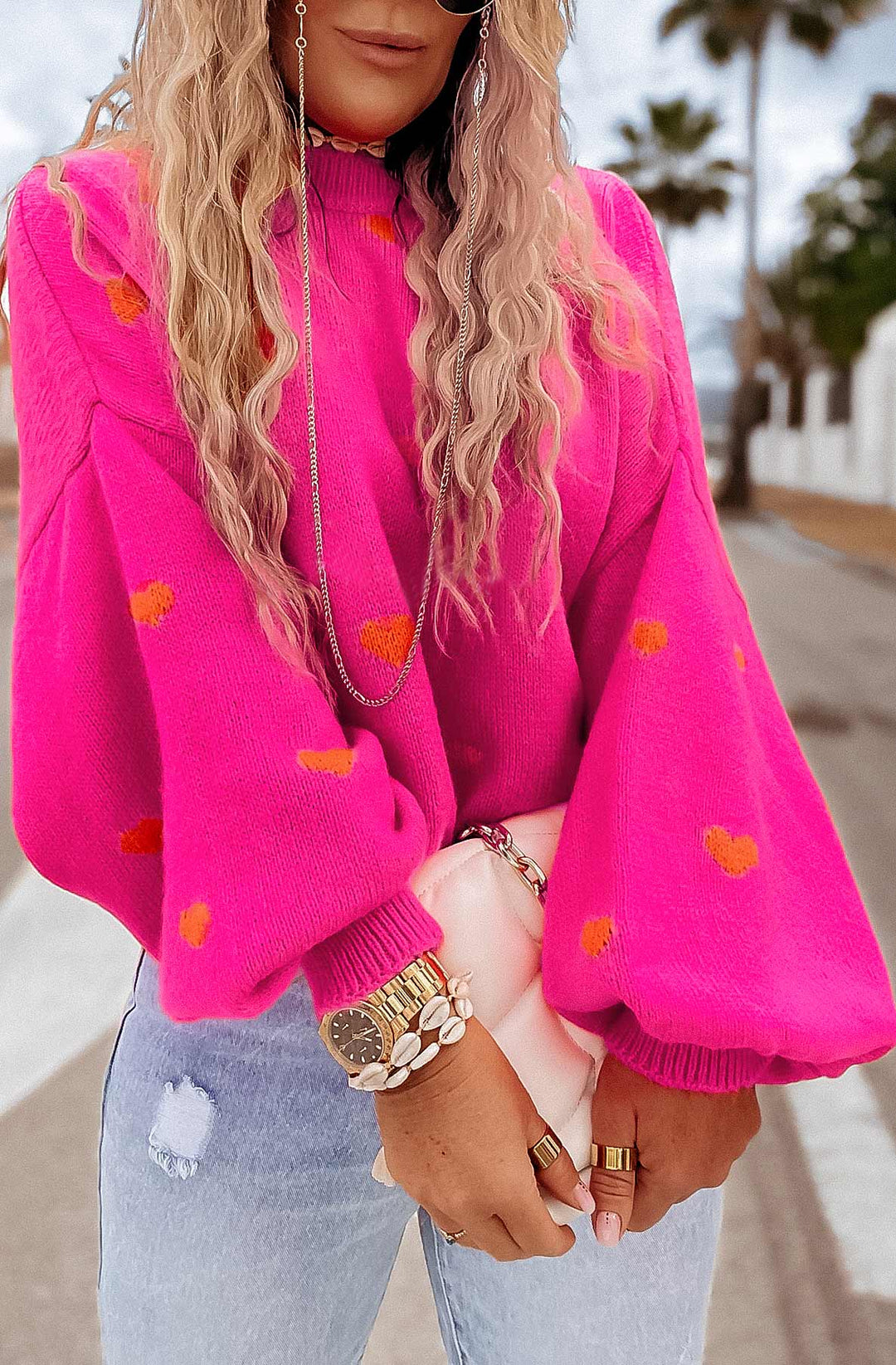 Merika 'Heart' Printed Knitted Jumper Sweater-Pink