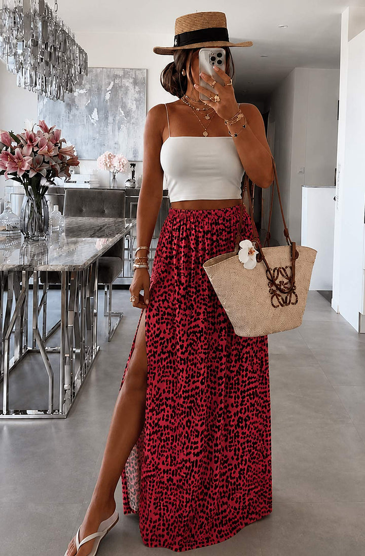 Mila Leopard Print Cotton Gauze Style Side Slit Maxi Skirt-Coral