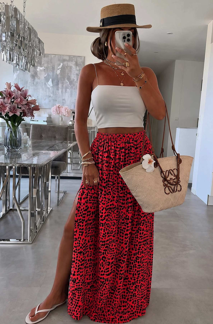 Mila Leopard Print Cotton Gauze Style Side Slit Maxi Skirt-Coral