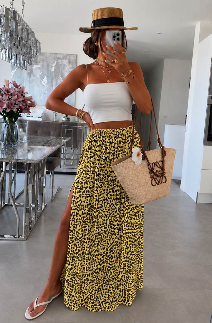 Mila Leopard Print Cotton Gauze Style Side Slit Maxi Skirt-Yellow