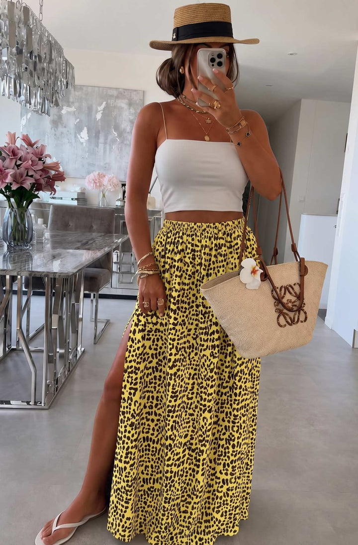 Mila Leopard Print Cotton Gauze Style Side Slit Maxi Skirt-Yellow