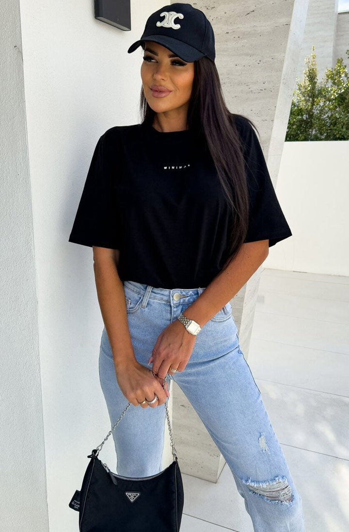 'Minimal' Graphic Print Oversized T-Shirt-Black