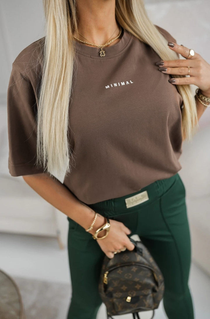 'Minimal' Graphic Print Oversized T-Shirt-Brown