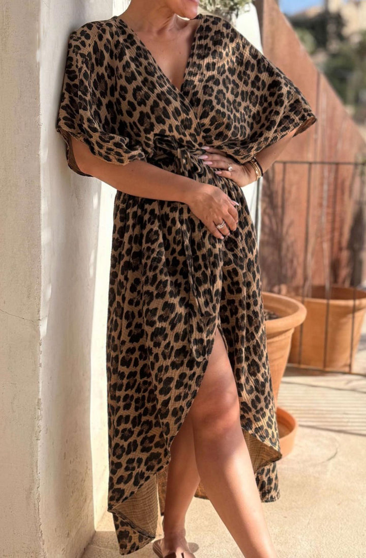 Mira Leopard Animal Open Front Wrap Cotton Gauze Style Midaxi Dress-Brown