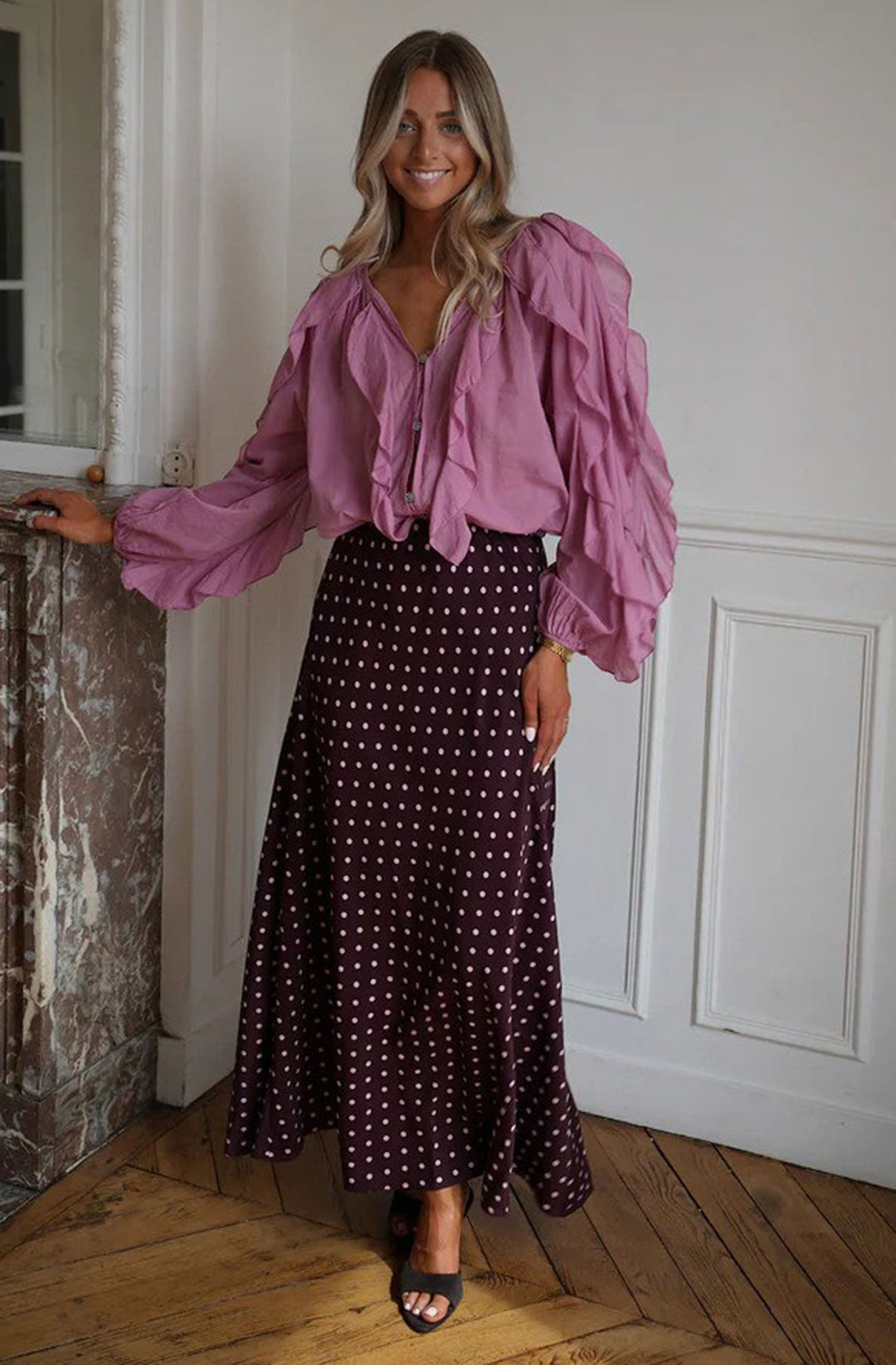 Mirella Polka Dot Maxi Skirt-Wine