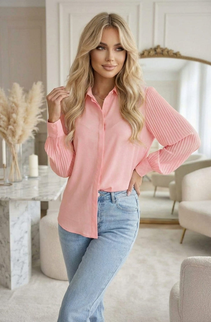 Monroe Pleated Sleeve Button-Up Shirt Blouse