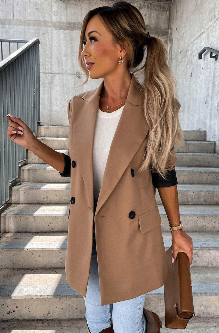 Myla Oversized Faux Leather Blazer Jacket-Camel