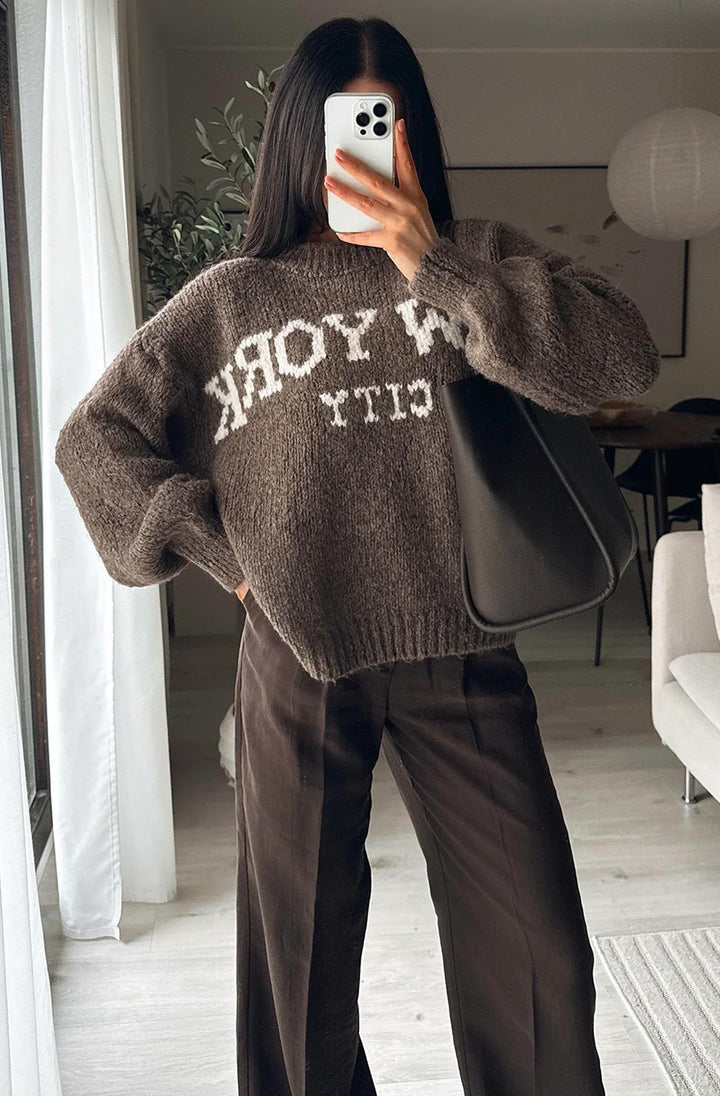 'NYC' Graphic Knitted Sweater Jumper -Chocolate