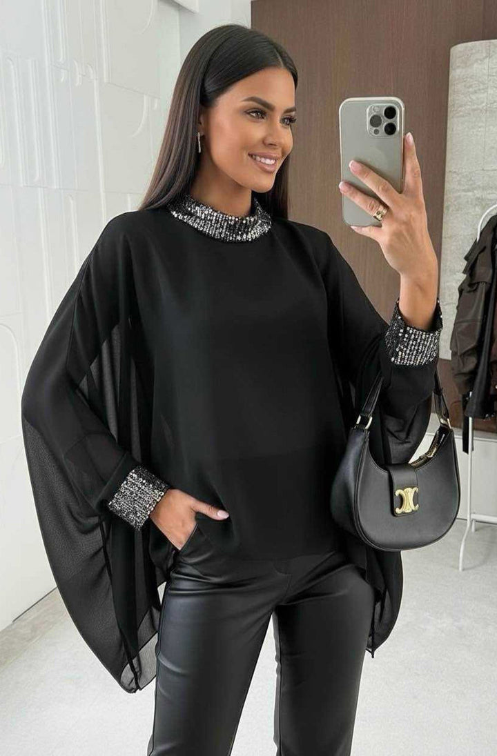 Nela Sequin Trim Batwing Blouse Top