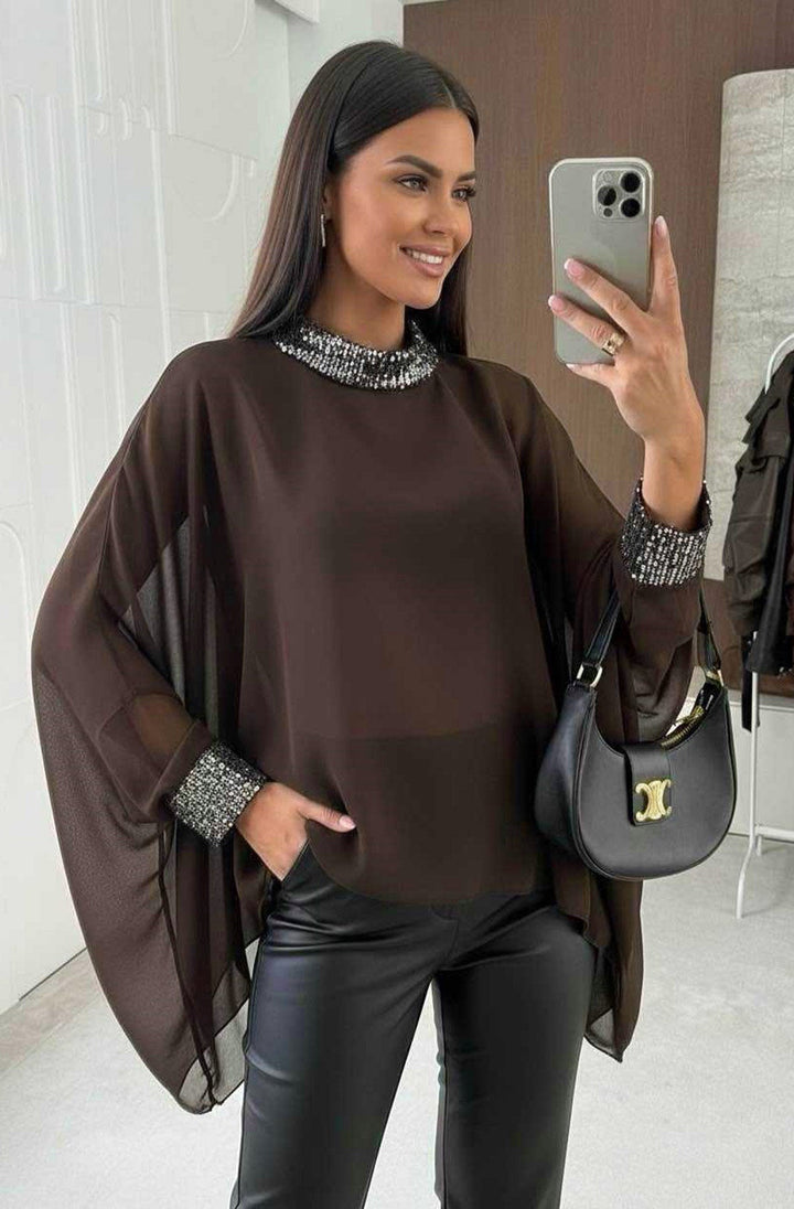 Nela Sequin Trim Batwing Blouse Top
