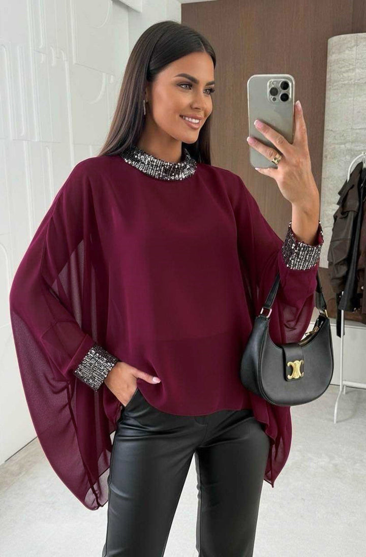 Nela Sequin Trim Batwing Blouse Top