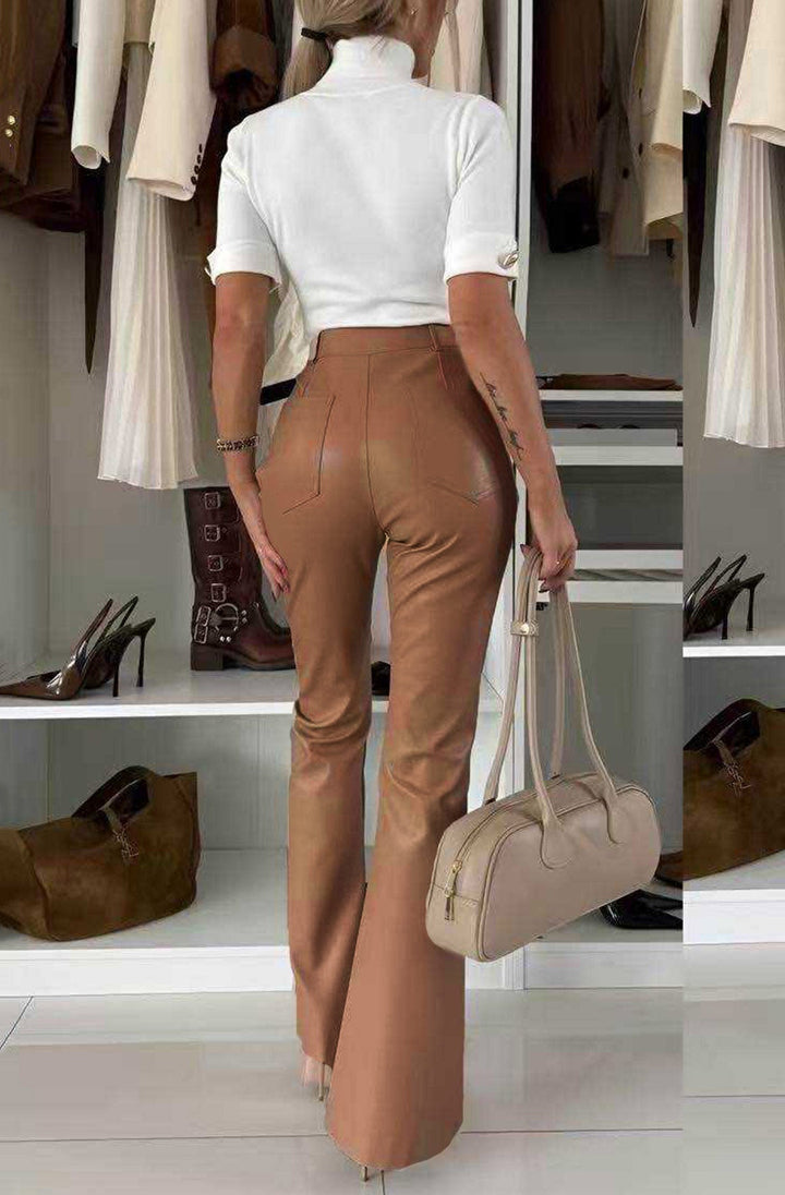 Nerisse Faux Leather Flare High-Waist Trousers-Camel