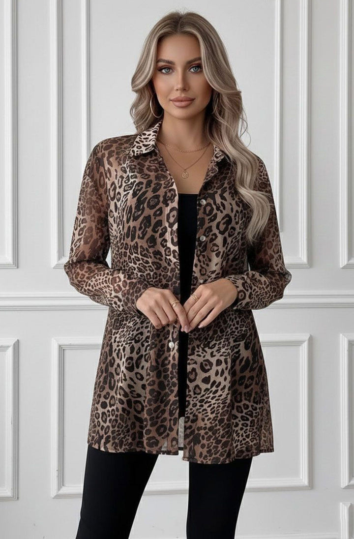 Nicola Leopard Sheer Long Sleeve Blouse-Brown