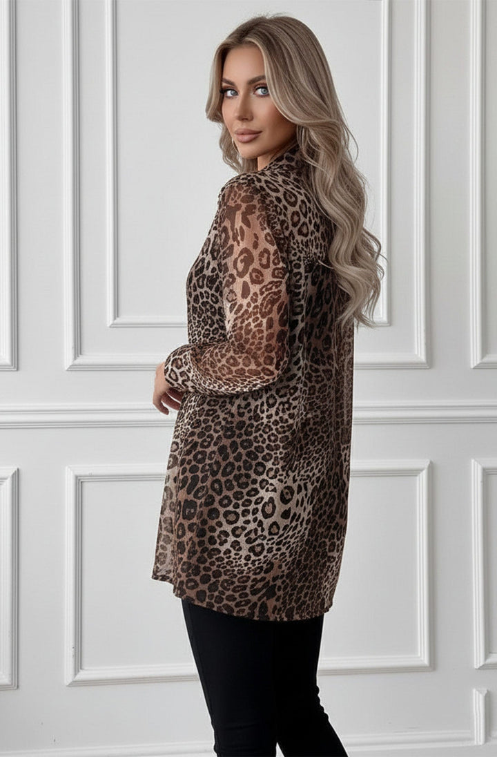 Nicola Leopard Sheer Long Sleeve Blouse-Brown