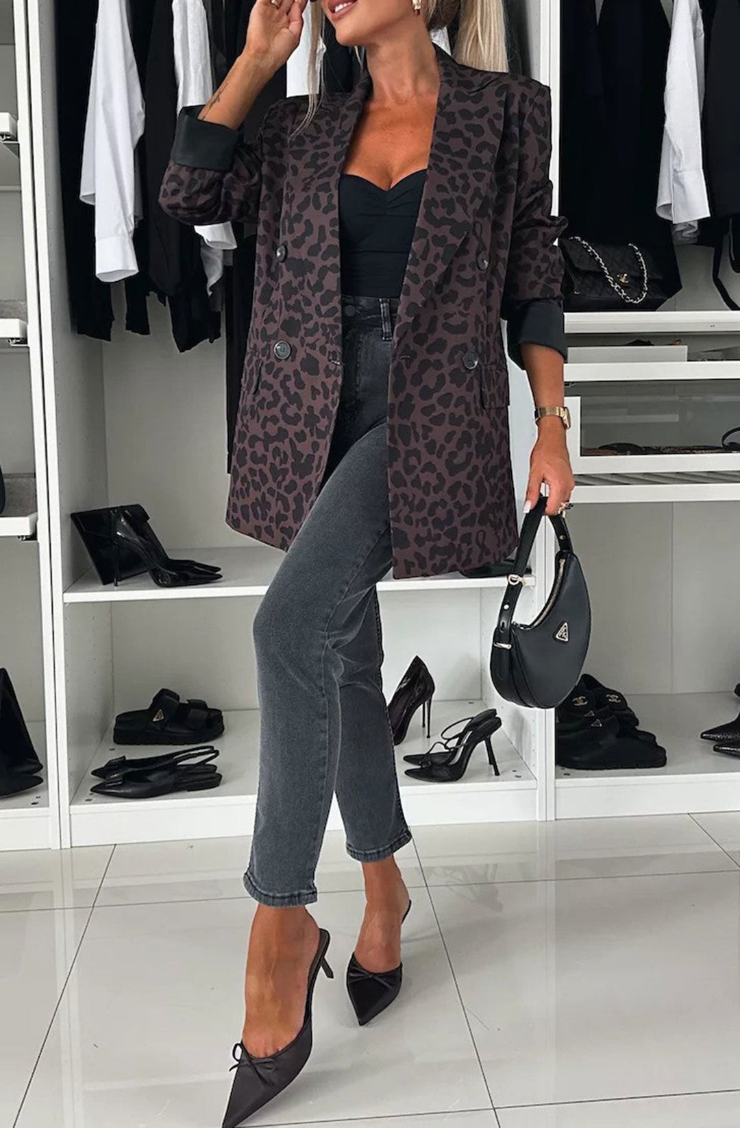 Nicole Oversized Leopard Blazer Jacket-Dark Brown