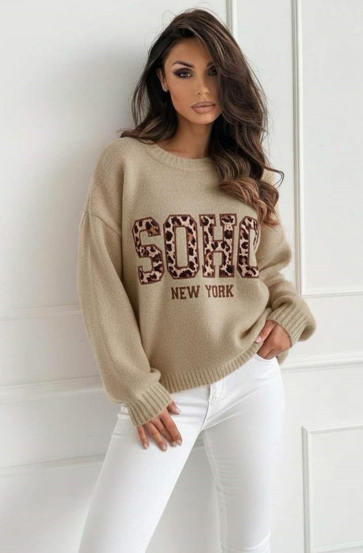 Nixi “Soho NY” Animal Graphic Knit Sweater Jumper-Stone