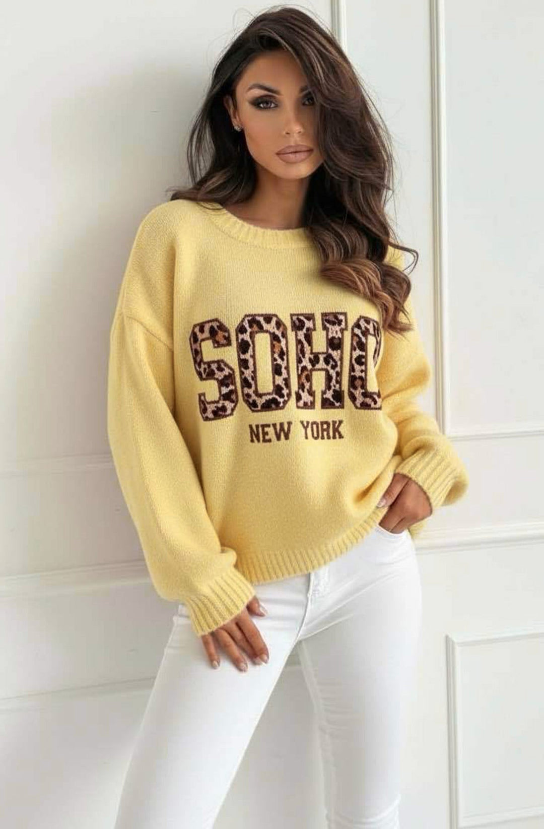 Nixi “Soho NY” Animal Graphic Knit Sweater Jumper-Yellow