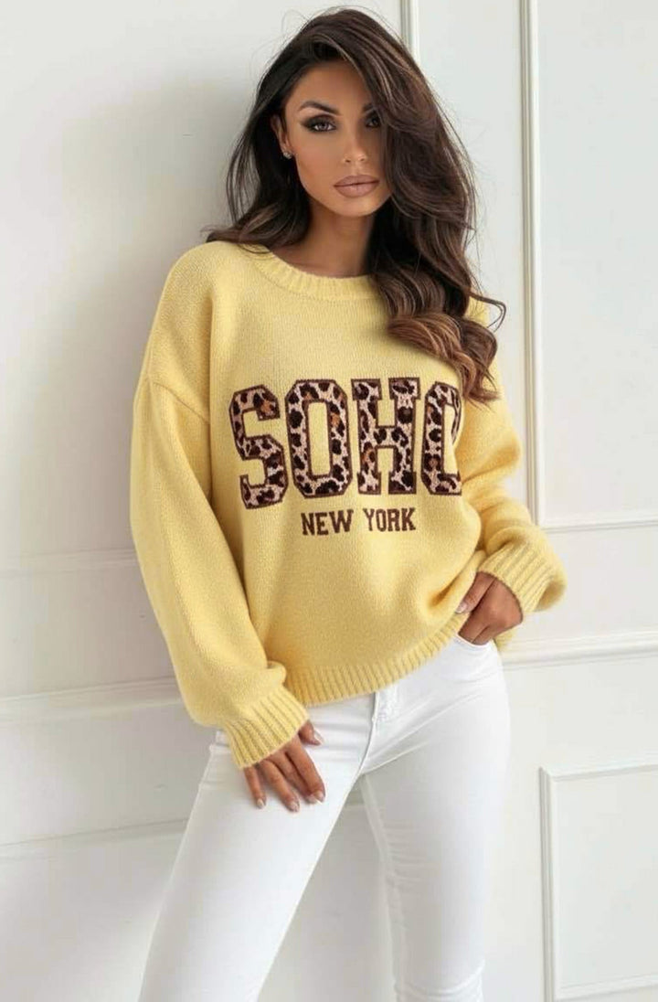 Nixi “Soho NY” Animal Graphic Knit Sweater Jumper-Yellow