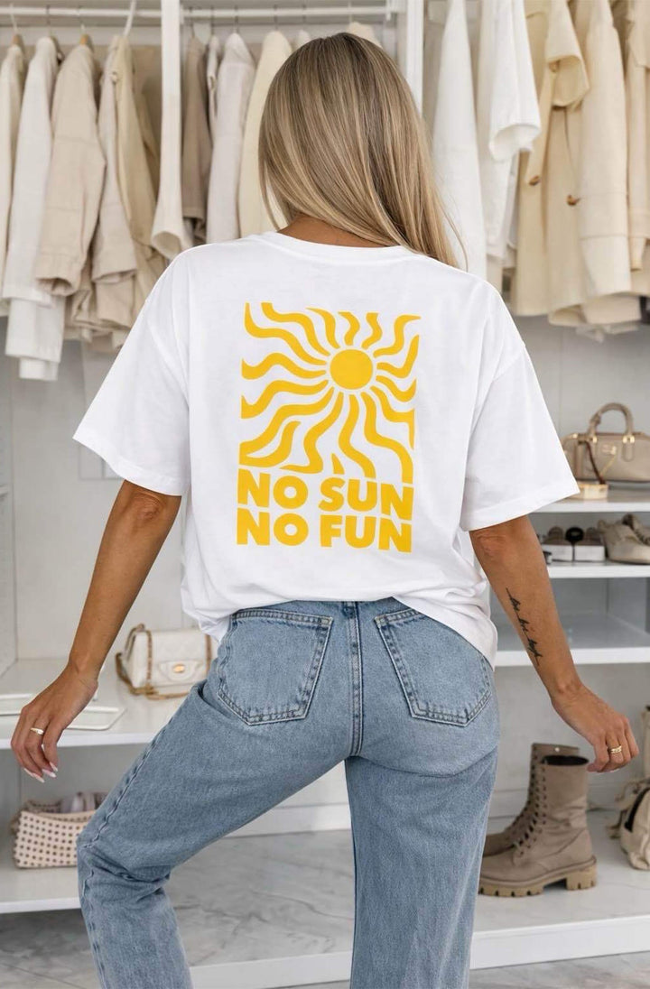 ‘No Sun No Fun’☀️ Oversized Front & Back Graphic Print T-Shirt-Ivory
