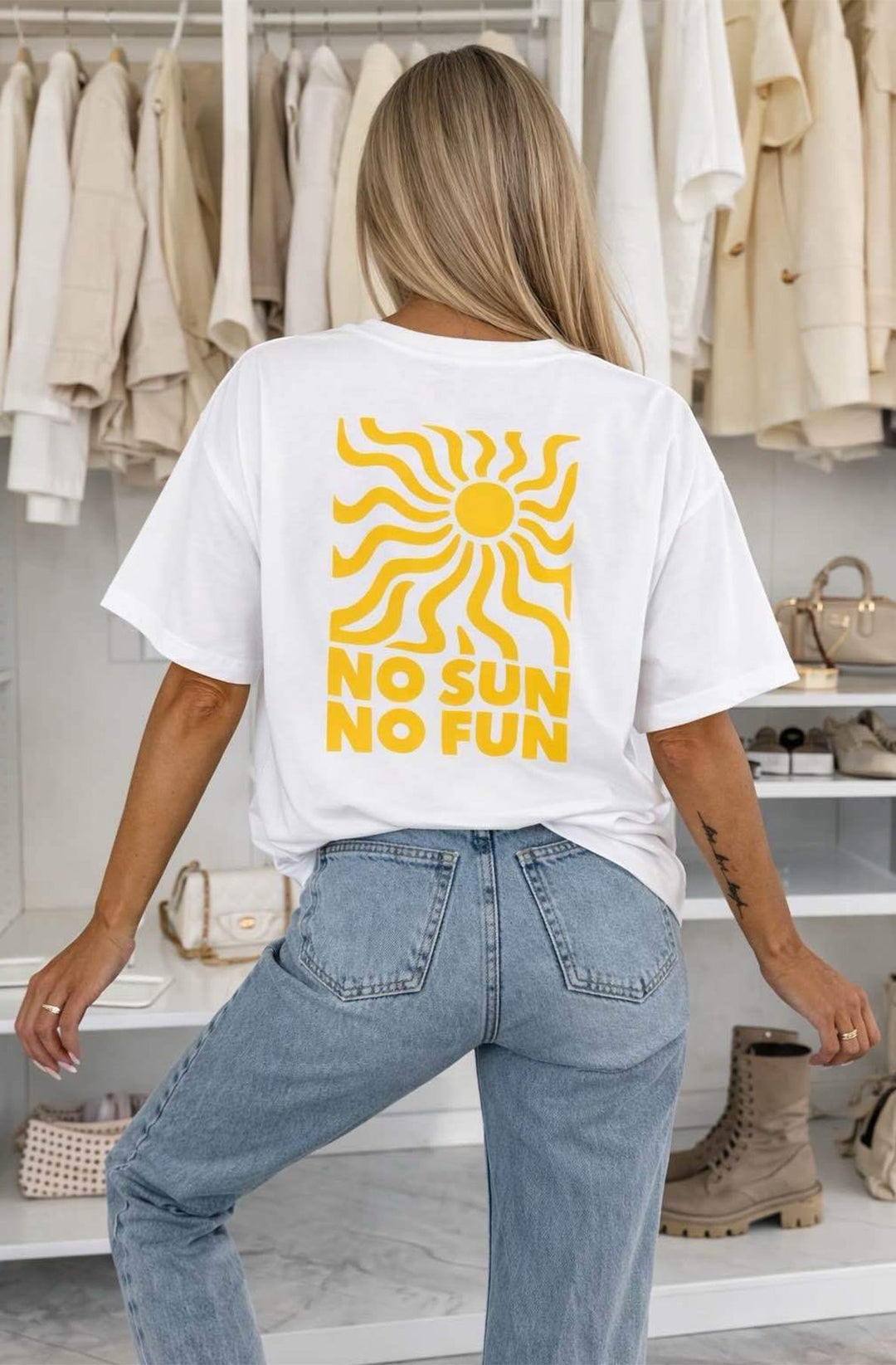 ‘No Sun No Fun’☀️ Oversized Front & Back Graphic Print T-Shirt-Ivory-Ivory