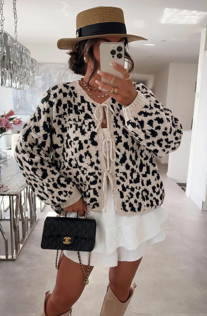 Noelle Leopard Tie-Up Cardigan-Stone