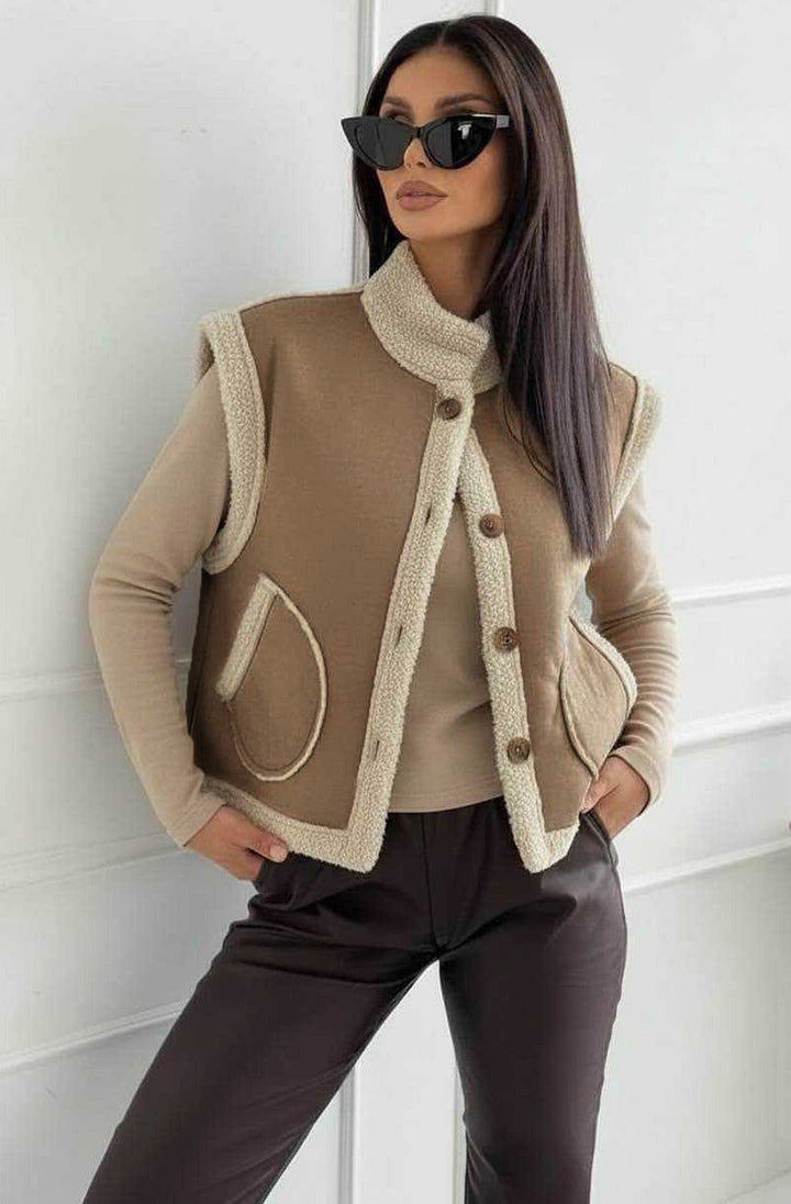 Nora Faux Shearling Trim Sleeveless Gilet Vest