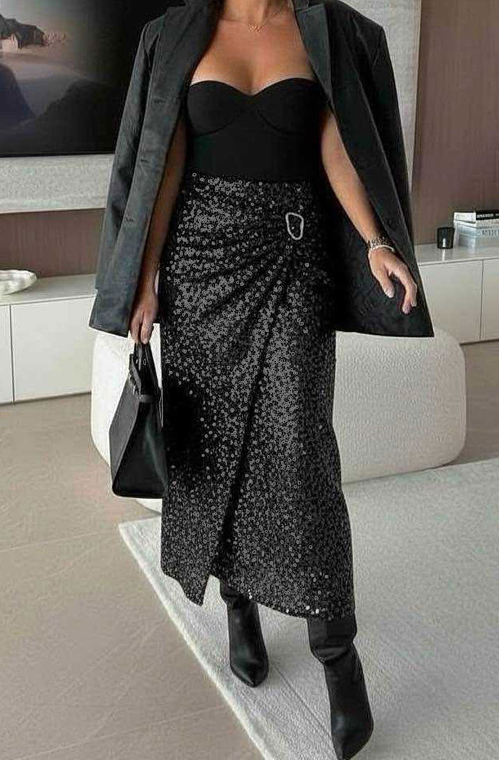 Nori Sequin Wrap Gold Buckle Midaxi Skirt