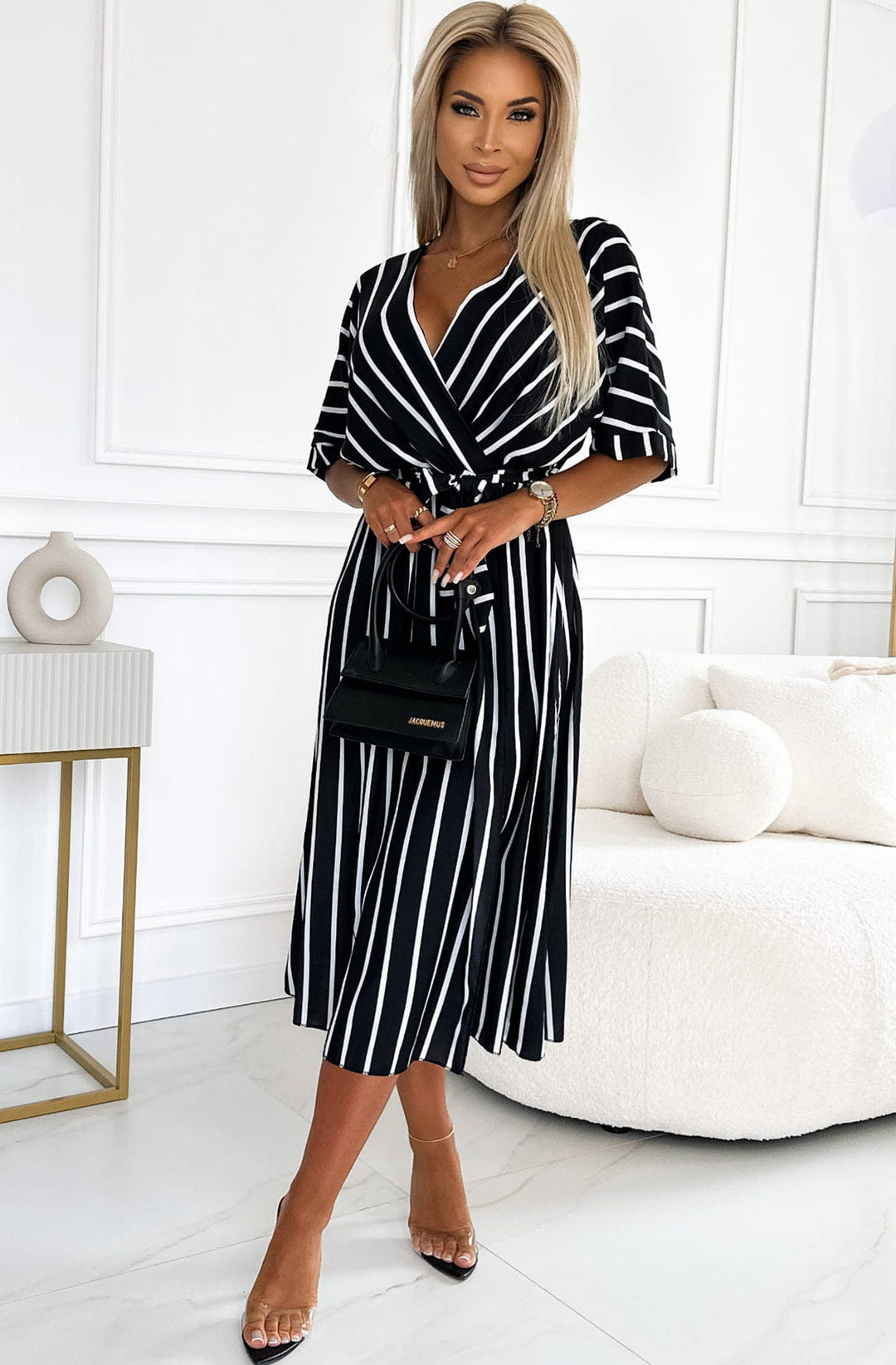 Novana Striped Side Slit Wrap Midaxi Dress-Black