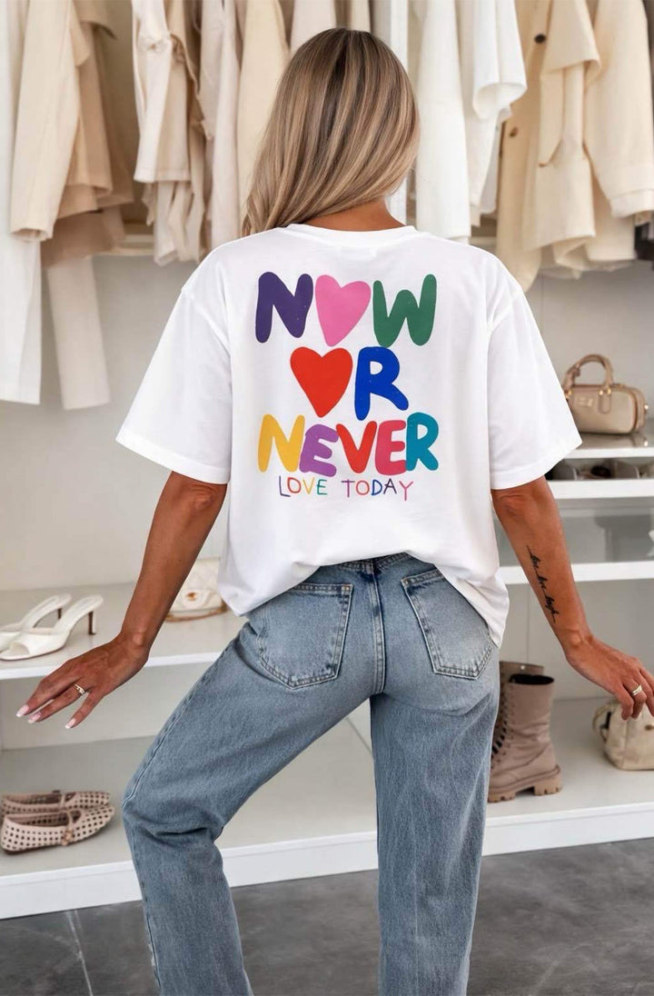 ‘Now Or Never’💙💗 Oversized Front & Back Graphic Print T-Shirt-Ivory