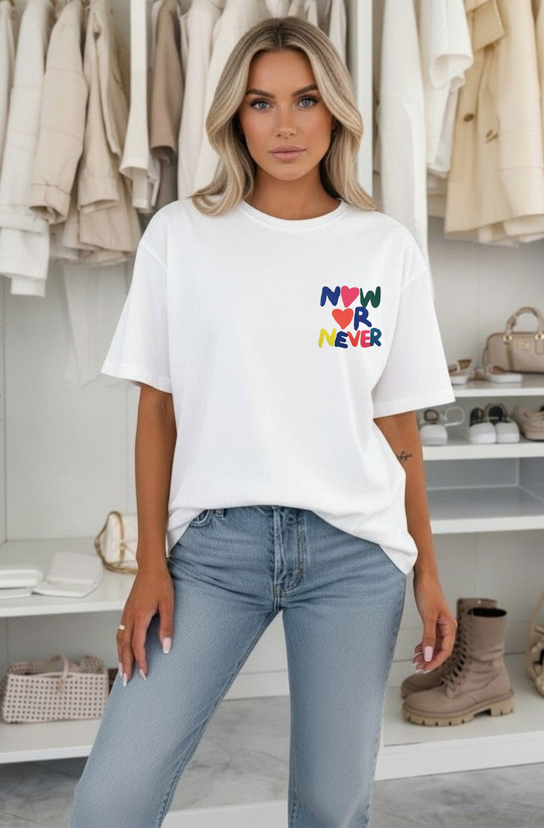 ‘Now Or Never’💙💗 Oversized Front & Back Graphic Print T-Shirt-Ivory