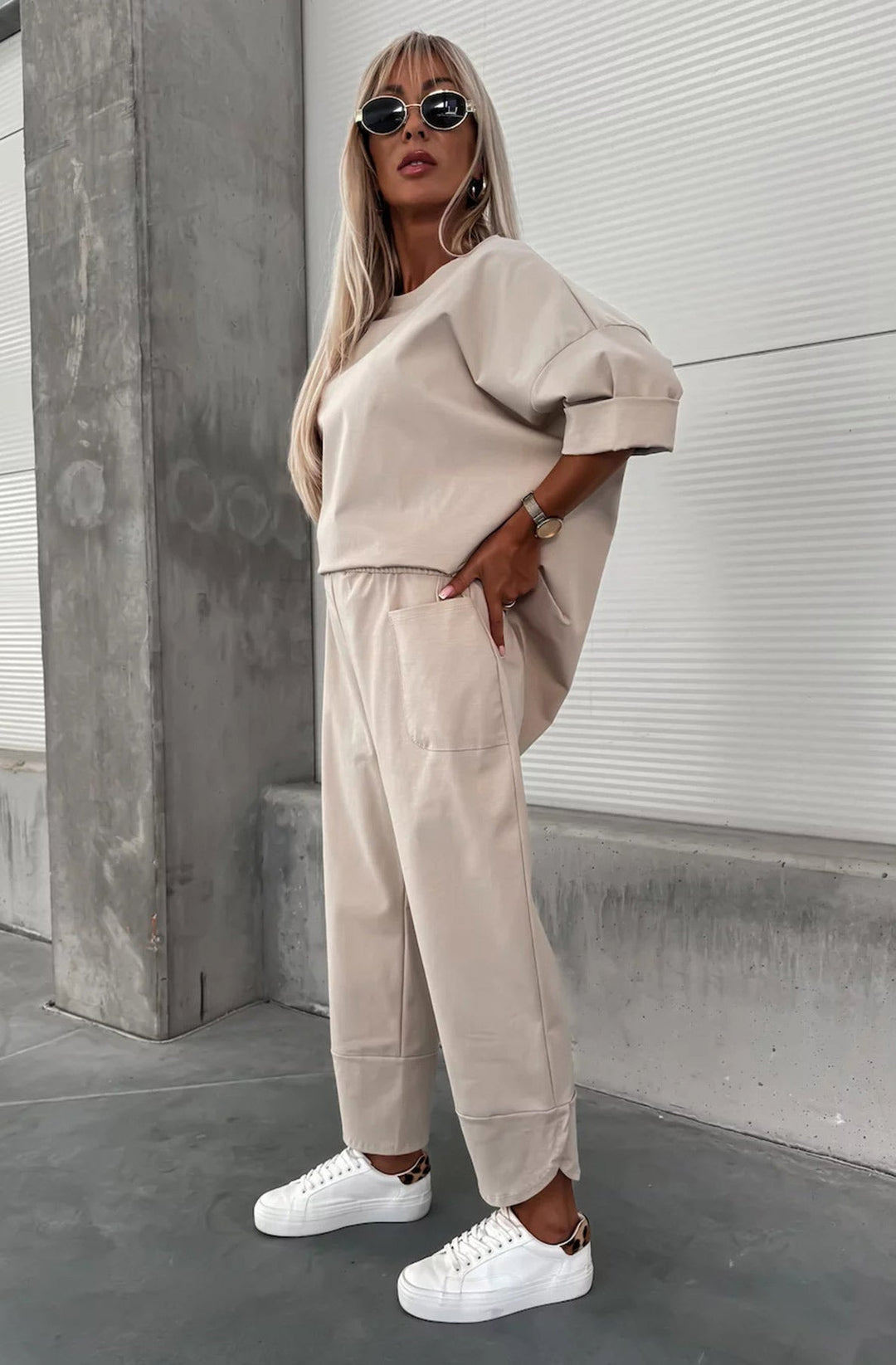 Odelisse Oversize Top & Tapered Pants Set-Stone