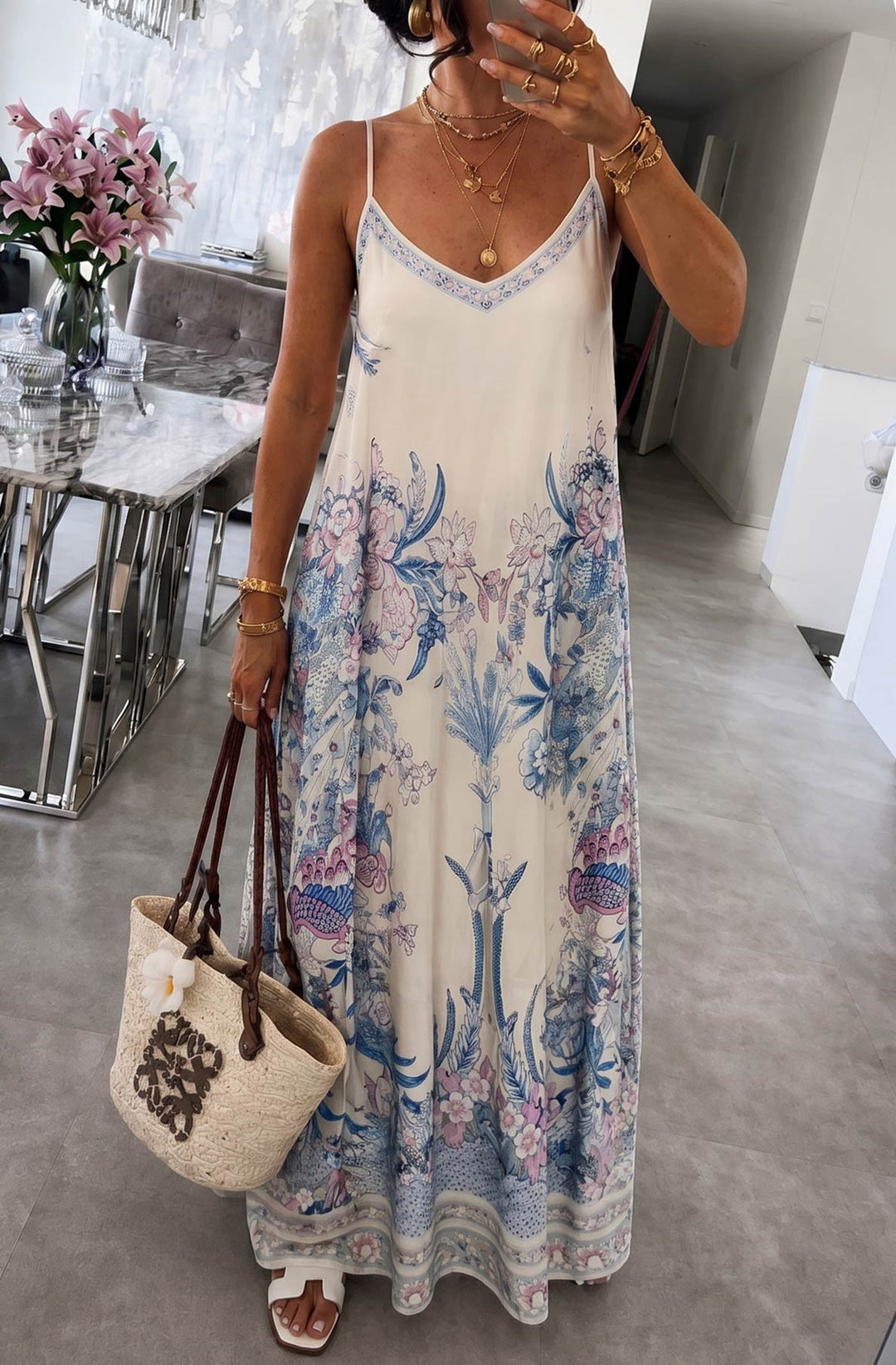 Oriana Satin Floral V-Neck Cami Maxi Dress-Blue