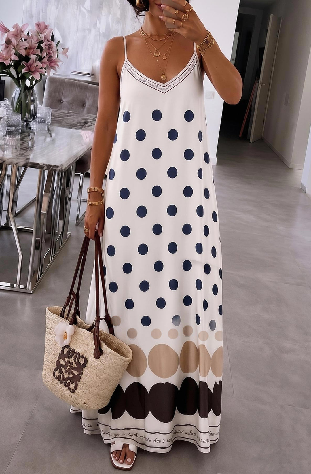 Oriana Satin Polka Dot V-Neck Cami Maxi Dress-Ivory