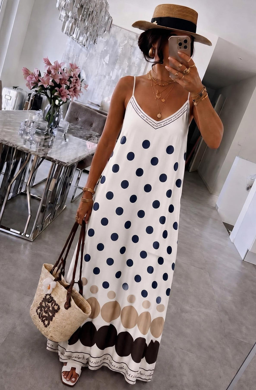 Oriana Satin Polka Dot V-Neck Cami Maxi Dress-Ivory