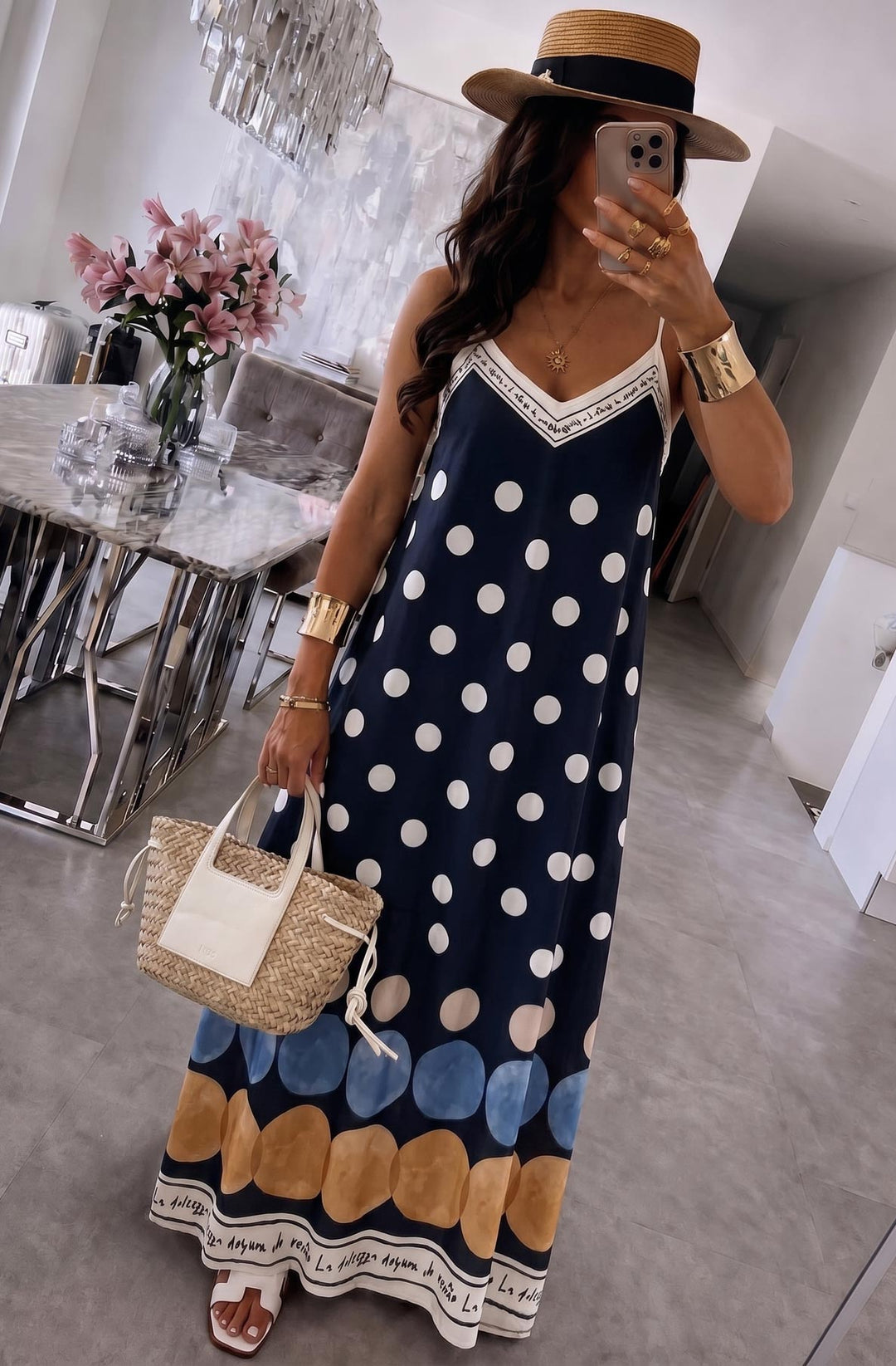 Oriana Satin Polka Dot V-Neck Cami Maxi Dress-Navy