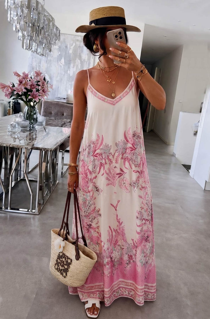 Oriana Satin Floral V-Neck Cami Maxi Dress-Pink