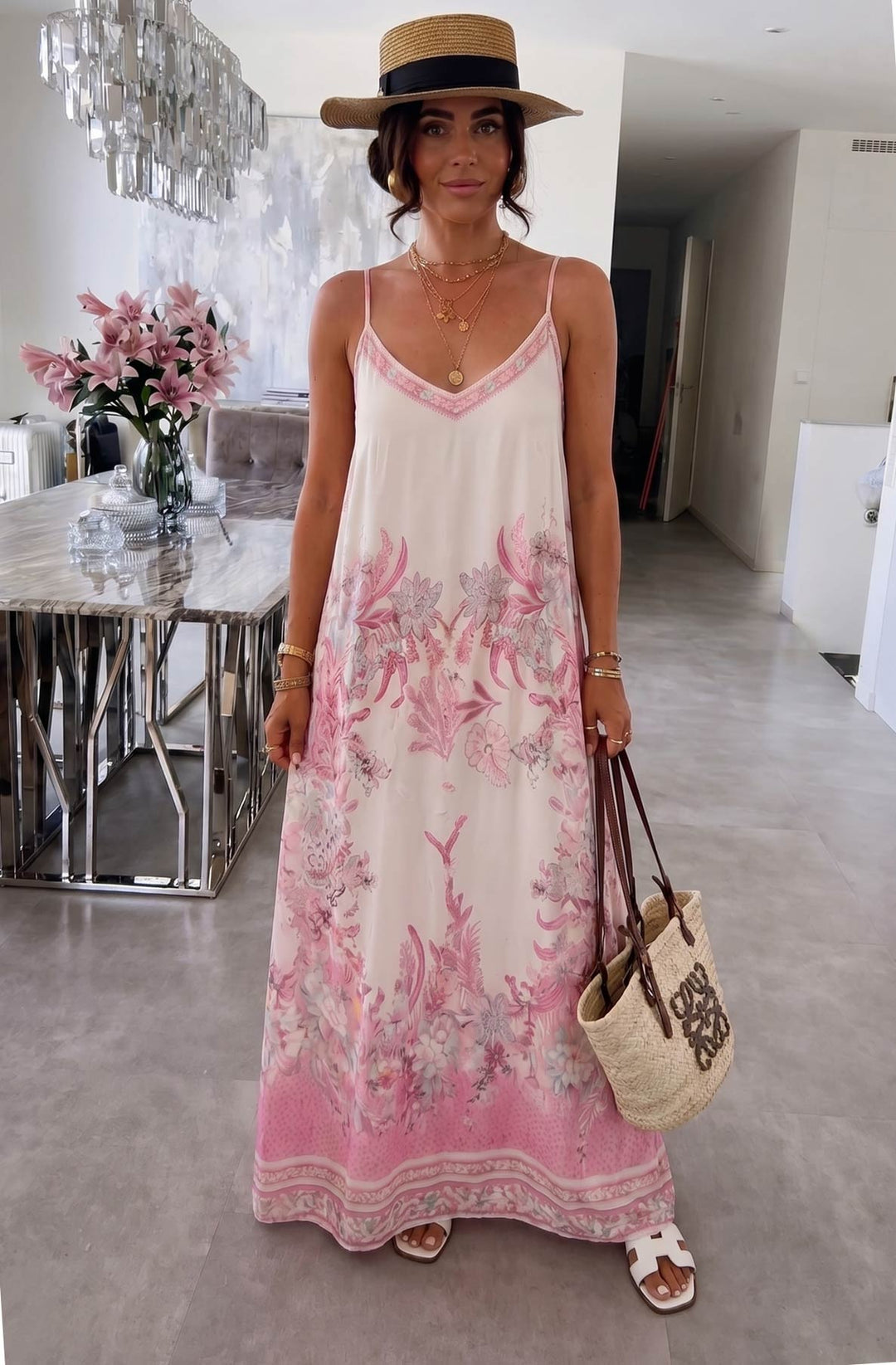 Oriana Satin Floral V-Neck Cami Maxi Dress-Pink