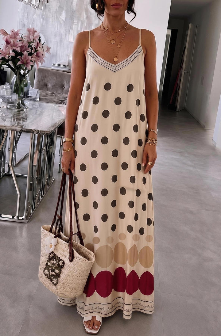 Oriana Satin Polka Dot V-Neck Cami Maxi Dress-Stone