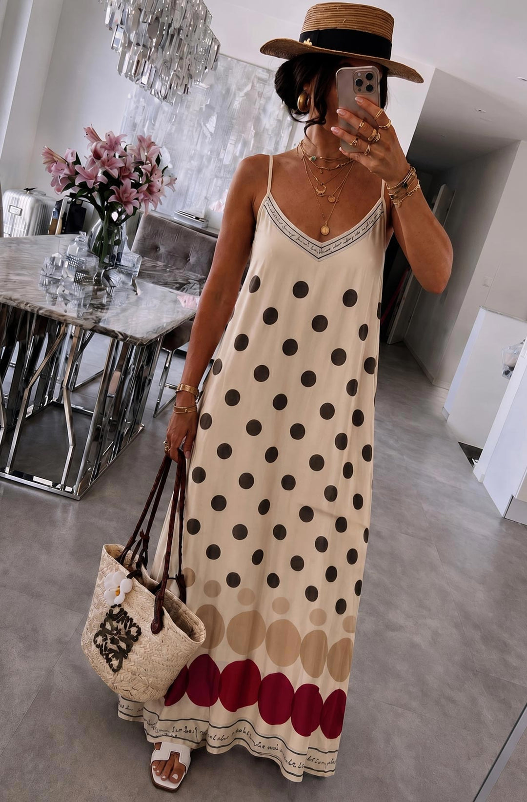 Oriana Satin Polka Dot V-Neck Cami Maxi Dress-Stone