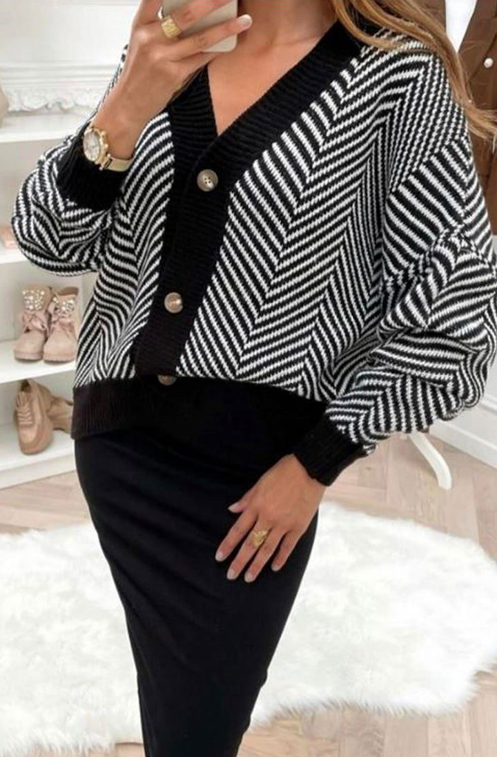 Penelope Contrast Striped Knitted Cardigan-Black