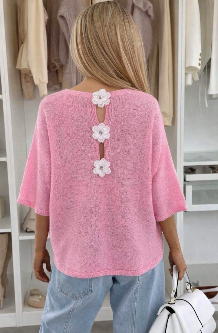 Phoebe Floral Appliqué Lightweight Open-Knit Fabric Knitted Jumper-Baby Pink
