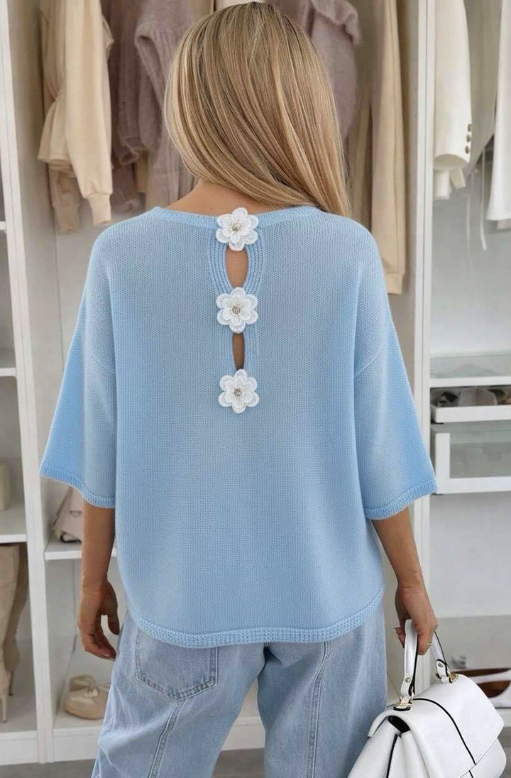 Phoebe Floral Appliqué Lightweight Open-Knit Fabric Knitted Jumper-Blue