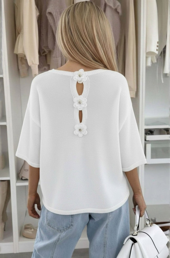 Phoebe Floral Appliqué Lightweight Open-Knit Fabric Knitted Jumper-Ivory