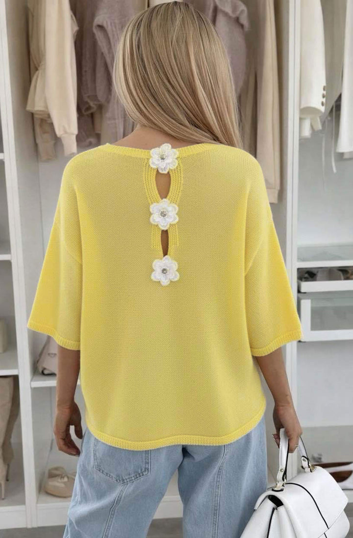 Phoebe Floral Appliqué Lightweight Open-Knit Fabric Knitted Jumper-Yellow