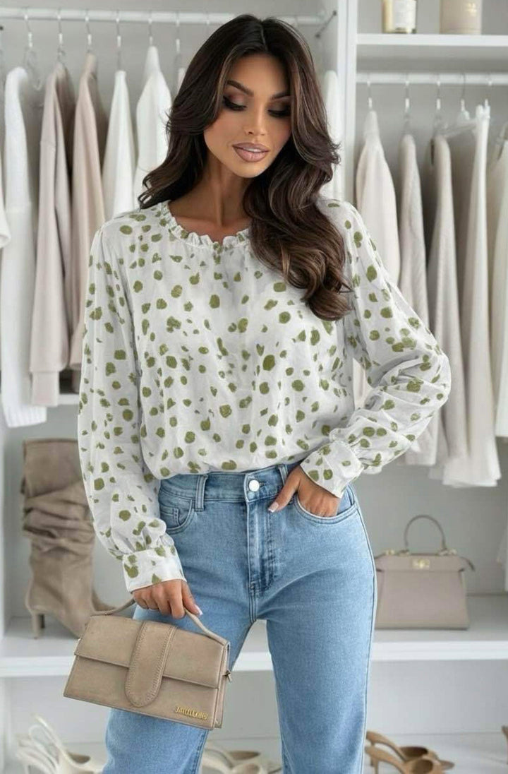 Pixie Abstract Print Frill Neck Chiffon Blouse Top-Khaki