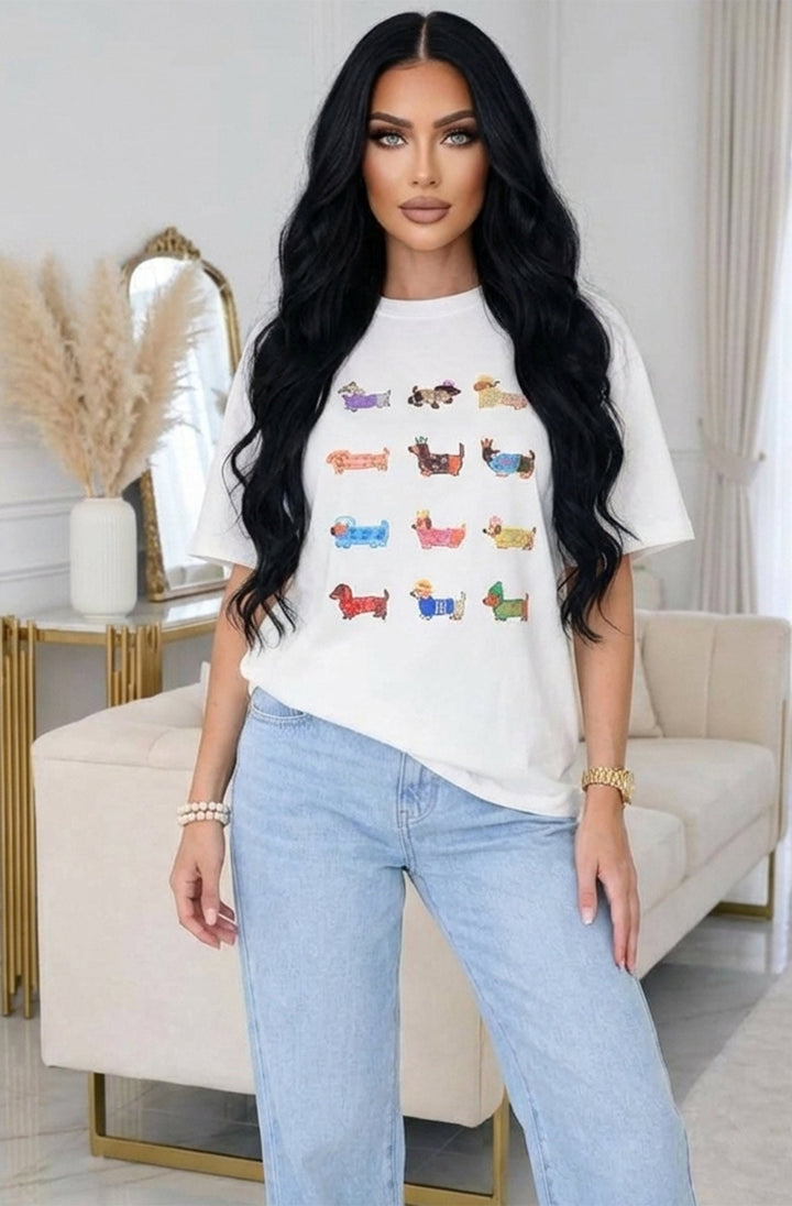 'Playful Sausage Dogs' 🐾 Oversized Front Graphic Print T-Shirt-Ivory