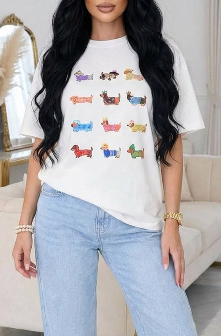 'Playful Sausage Dogs' 🐾 Oversized Front Graphic Print T-Shirt-Ivory